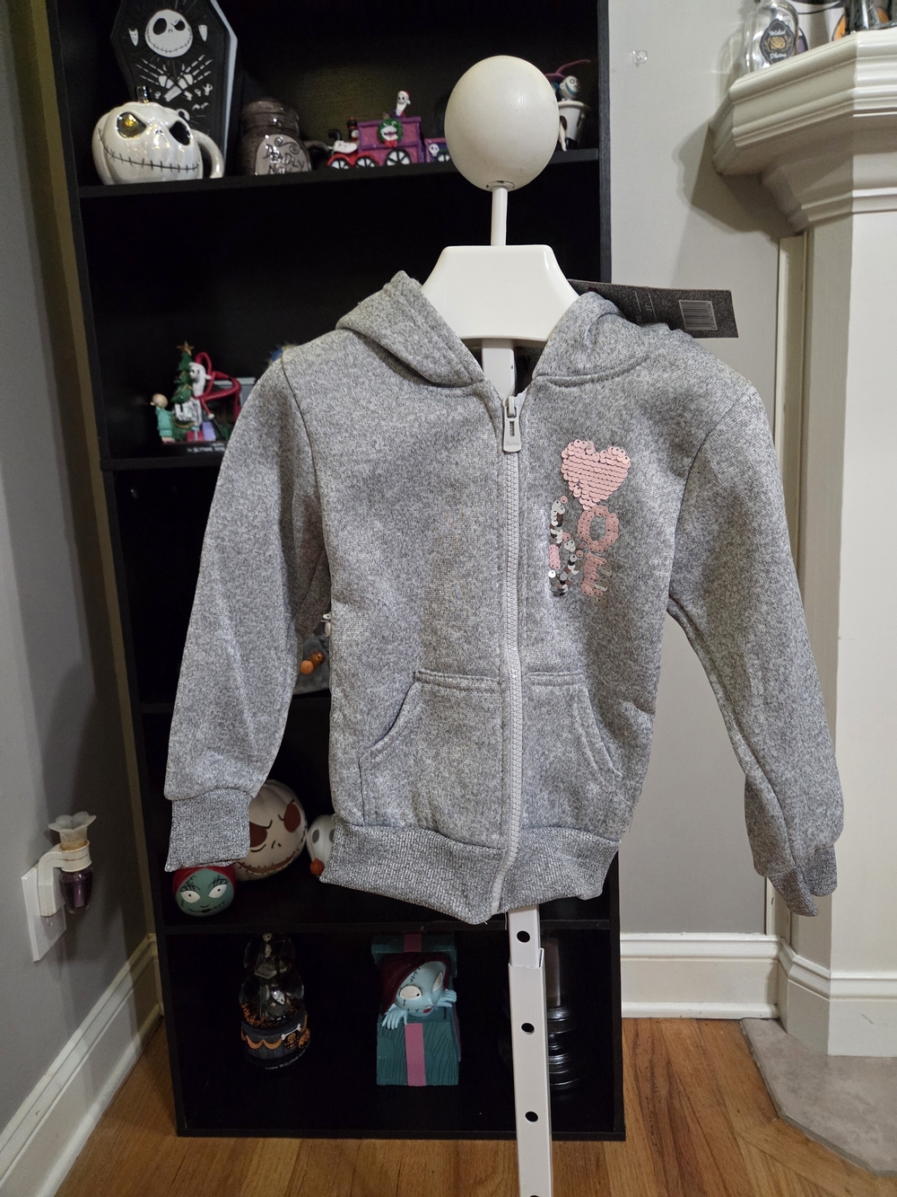 Girls' Gray Zip Hoodie with Pink Sequin Heart